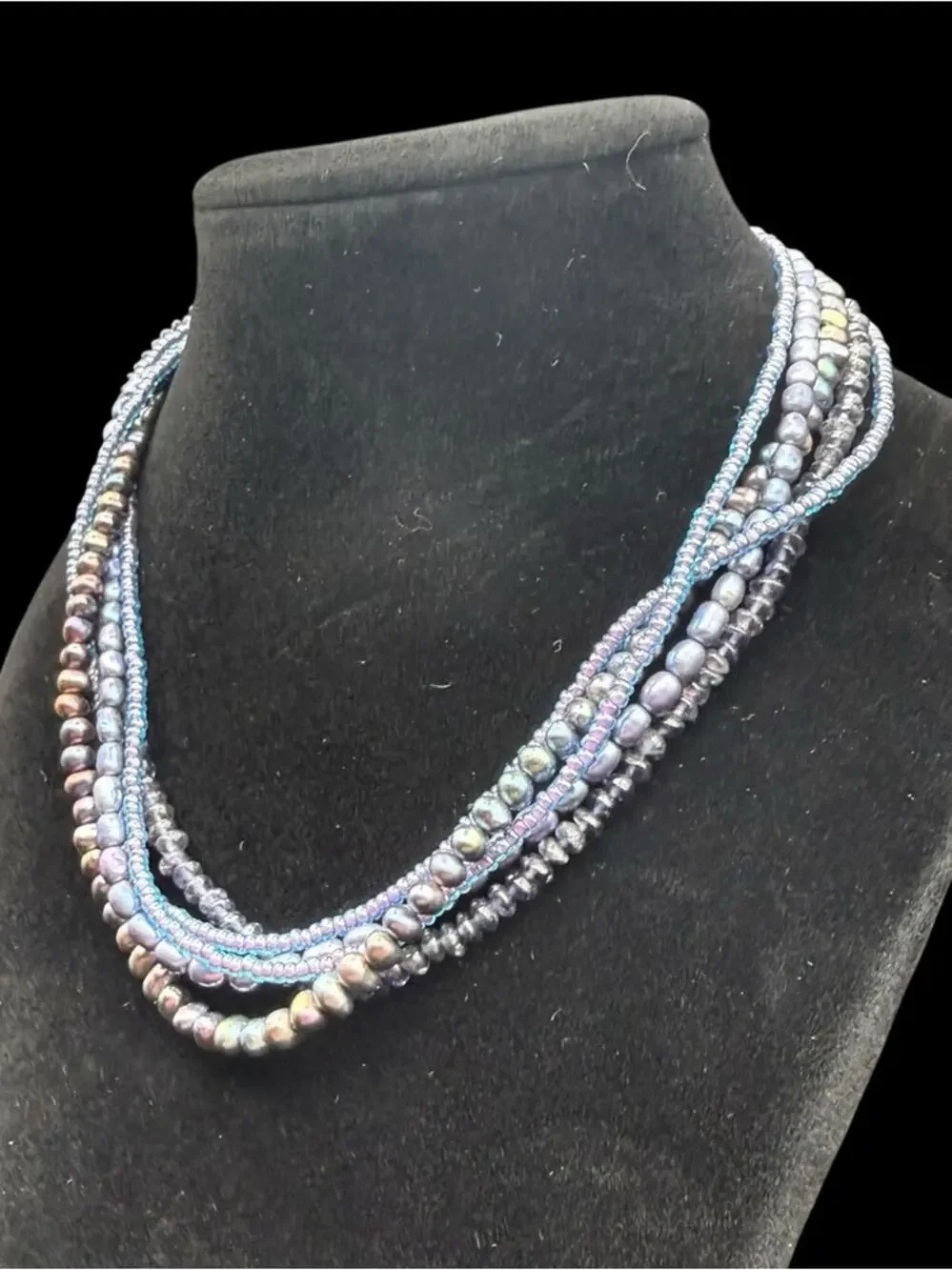 Sterling Silver 925 Multi-Strand Iridescent Blue Pearl Bead Necklace